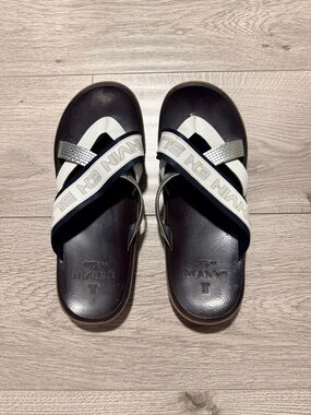 Lanvin Black, White & Silver Cross-Strap Slide Sandals